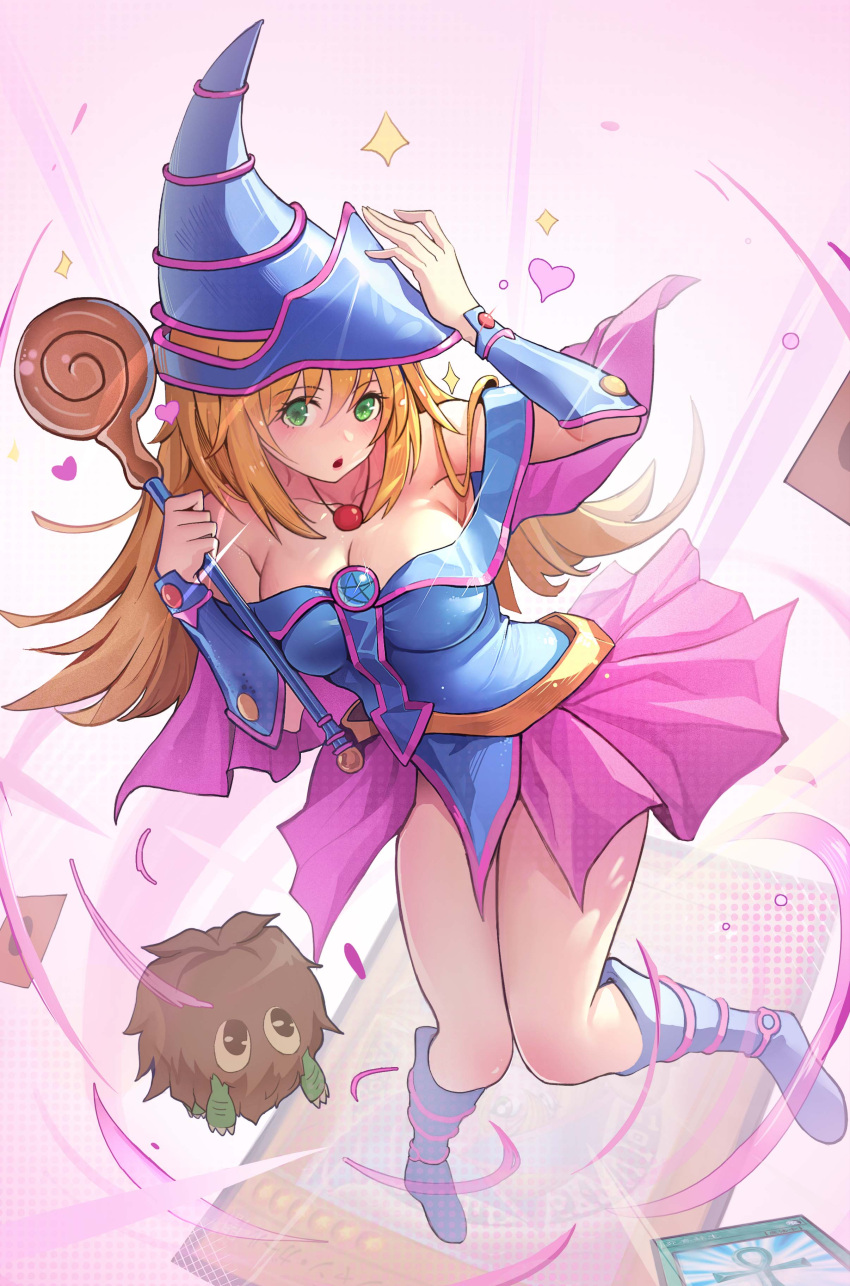 1girl 1other :o absurdres blonde_hair blush breasts card cleavage commentary_request dark_magician_girl duel_monster hand_up hat heart highres holding holding_wand jewelry kuriboh large_breasts long_hair mamayu monster_reborn necklace open_mouth wand wizard_hat yu-gi-oh!