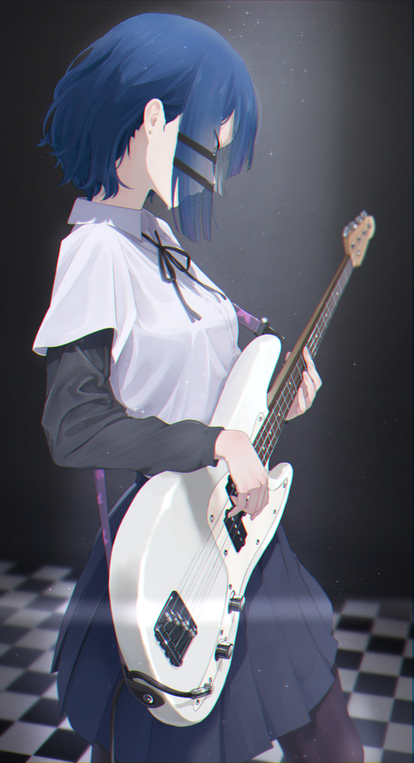 absurdres bangs bd_qwq black_ribbon blue_hair bocchi_the_rock! checkered_floor collared_shirt guitar highres holding holding_instrument instrument instrument_request music neck_ribbon pantyhose playing_instrument pleated_skirt ribbon shirt shirt_tucked_in short_hair skirt white_shirt yamada_ryou