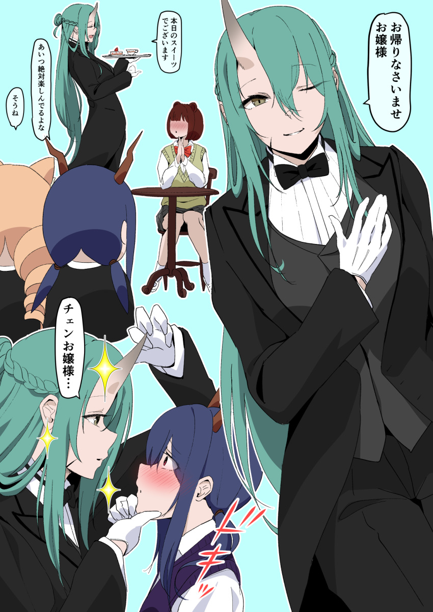 4girls :o alternate_costume arknights black_bow black_bowtie black_jacket black_pants blue_background blue_hair blush bow bowtie brown_eyes brown_hair ch'en_(arknights) commentary_request drill_hair faceless faceless_female formal gloves green_hair grey_vest hand_up highres horns hoshiguma_(arknights) jacket long_hair long_sleeves makino multiple_girls nose_blush on_chair one_eye_closed pant_suit pants parted_lips red_bow red_bowtie shirt simple_background single_horn sitting suit sweater_vest swire_(arknights) table translation_request twin_drills very_long_hair vest white_gloves white_shirt
