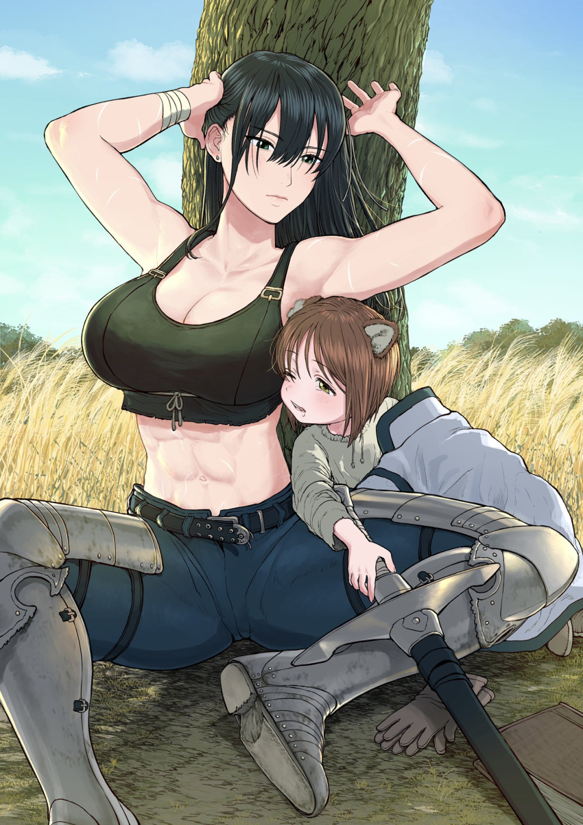 1boy 1girl abs age_difference armor armored_boots armpits bandages belt black_hair boots breasts brown_hair bush closed_mouth commentary_request earrings highres jewelry large_breasts noah_(onna_kishi_to_kemonomimi_no_ko) olivia_(onna_kishi_to_kemonomimi_no_ko) one_eye_closed onee-shota onna_kishi_to_kemonomimi_no_ko open_mouth pants shiny shiny_hair shiny_skin sky sleepy sword tight toned tree turbo_engine_(rakugaki_tabo) weapon