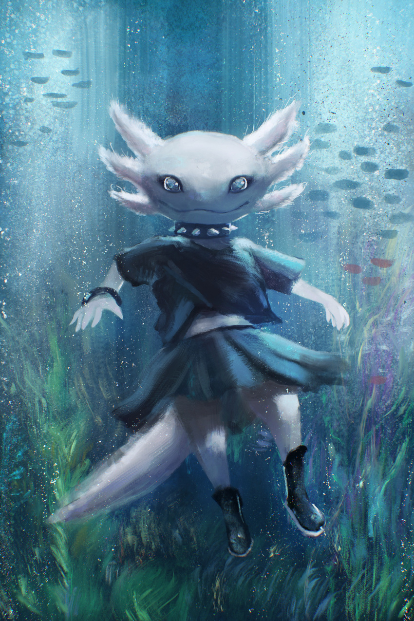 absurd_res amphibian anthro axolotl clothed clothing digital_media_(artwork) emo female hi_res looking_at_viewer marine mole_salamander nozabii salamander_(amphibian) solo swimming underwater water