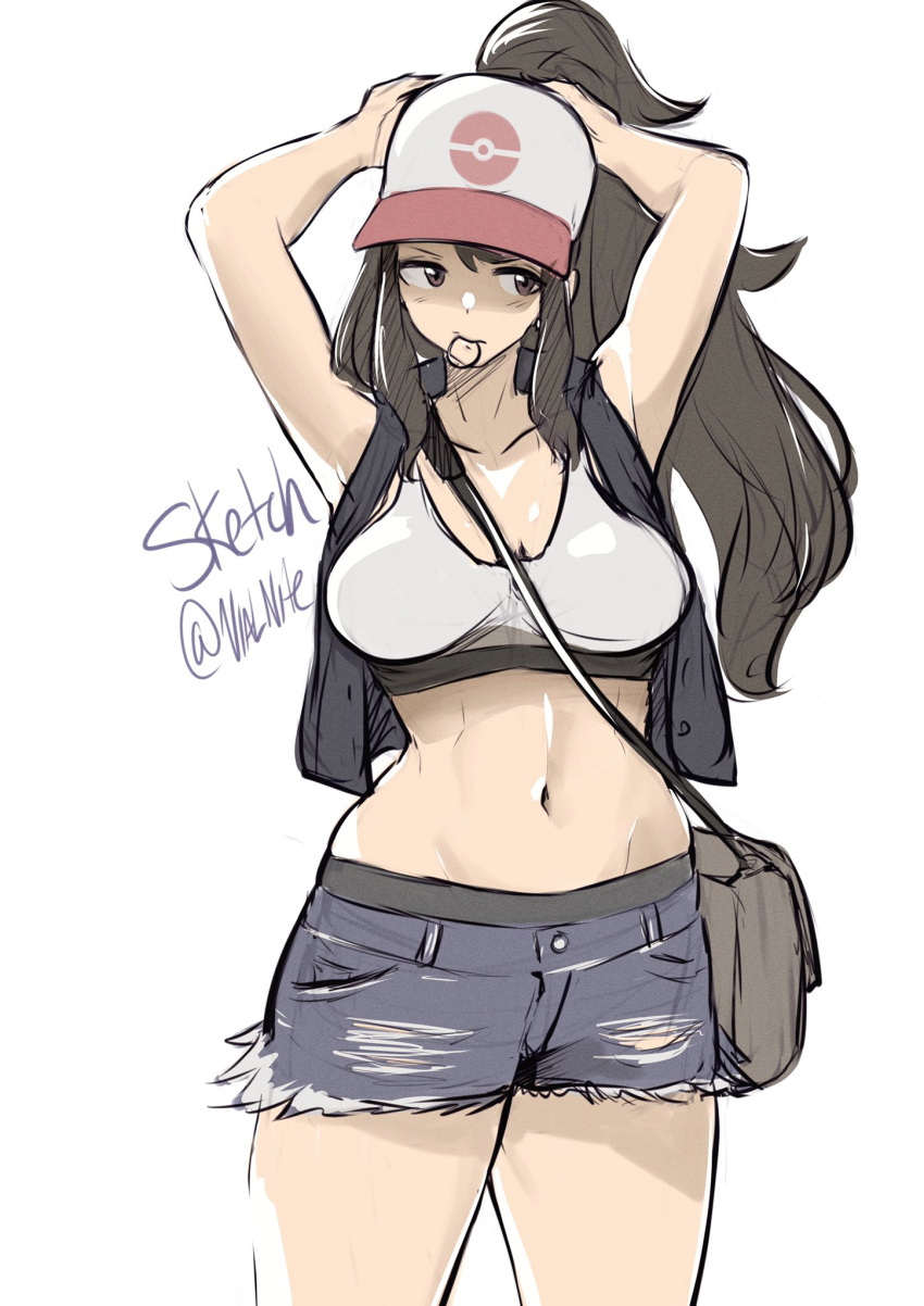 bag baseball_cap breasts brown_eyes brown_hair crop_top denim denim_shorts hair_tie hair_tie_in_mouth hat highres hilda_(pokemon) jacket large_breasts long_hair looking_to_the_side mouth_hold navel open_clothes open_jacket ponytail satchel shorts thighs torn_clothes torn_shorts tying_hair vialnite