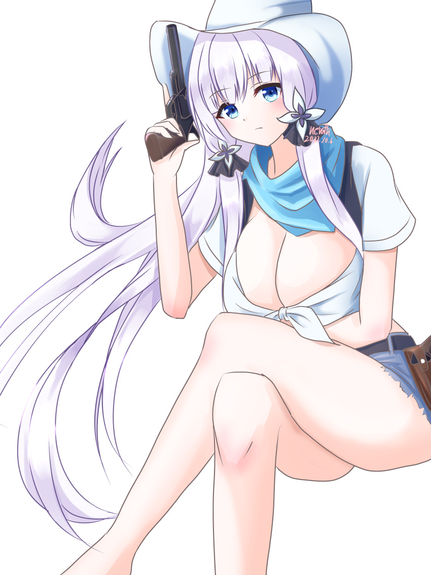 1girl absurdres azur_lane blue_eyes blue_shorts breasts cowboy_hat cowboy_western crossed_legs front-tie_top gun hat highres holding holding_gun holding_weapon holster illustrious_(azur_lane) large_breasts long_hair neruth revolver shorts solo thigh_holster weapon white_hair
