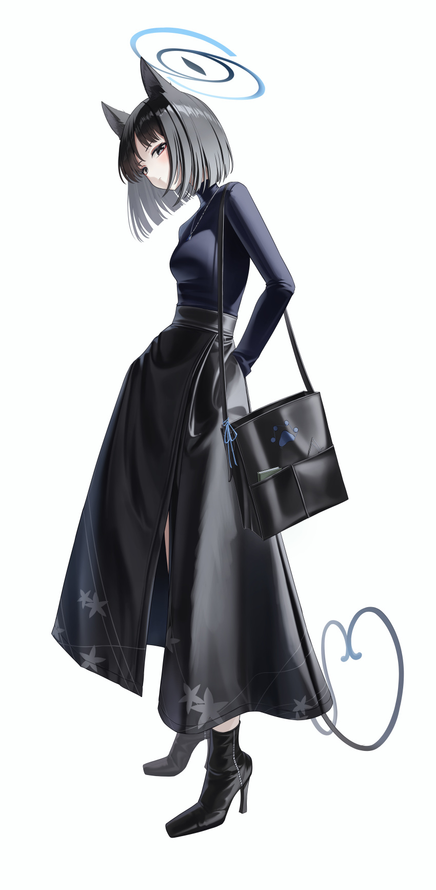 1girl absurdres alternate_costume animal_ears bag bakeneko black_eyes black_hair blue_archive blue_halo boots cat_ears cat_tail halo high_heel_boots high_heels highres jewelry kikyou_(blue_archive) looking_at_viewer multiple_tails pendant short_hair simple_background skirt solo tail tiokun7 turtleneck two_tails white_background