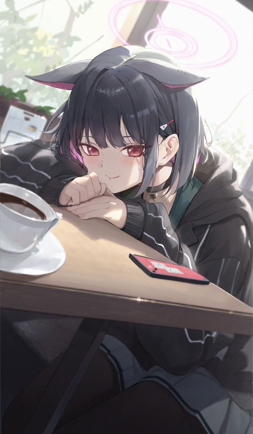 1girl absurdres arm_rest black_choker black_hair black_jacket black_pantyhose blue_archive blush cellphone choker coffee coffee_cup colored_inner_hair cup disposable_cup enokinoko1010 halo highres hood hooded_jacket indoors jacket kazusa_(blue_archive) leaning_forward looking_at_viewer multicolored_hair pantyhose phone pink_hair pleated_skirt red_eyes saucer school_uniform short_hair sitting skirt smile solo two-tone_hair