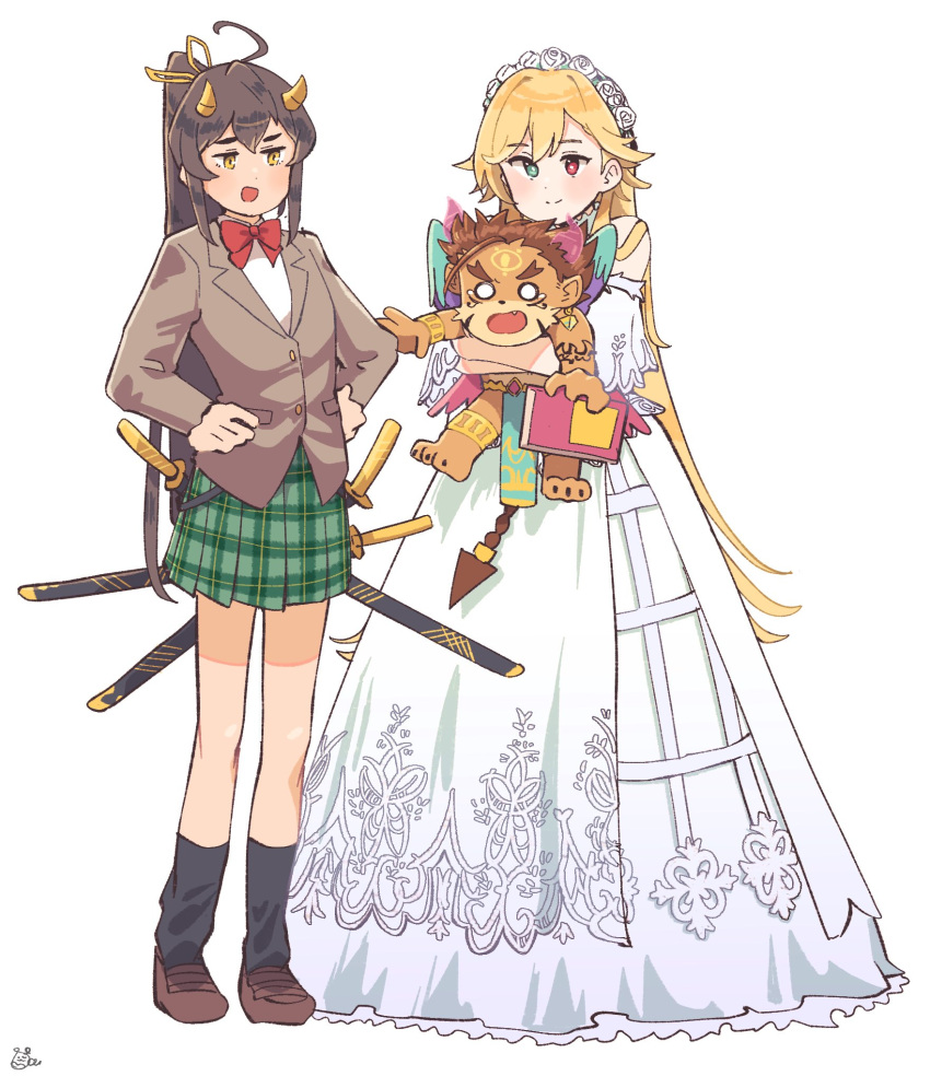 1boy 2girls animal_ears barefoot black_socks blonde_hair book bow bowtie braid brown_hair commentary_request detached_sleeves dress earrings ellie_(housamo) fang flower full_body furry furry_male green_eyes hair_between_eyes hair_flower hair_ornament hands_on_hips head_wreath heterochromia highres holding holding_book horns hug jewelry lion_boy lion_ears loafers long_hair male_child multiple_girls multiple_swords o_o oni_horns open_mouth plaid plaid_skirt pleated_skirt ponytail red_bow red_bowtie red_eyes ribbon sawch_cls school_uniform shoes signature simple_background single_braid skirt smile socks sphinx_(housamo) suzuka_(housamo) tears thick_eyebrows tokyo_afterschool_summoners very_long_hair white_background white_dress wings yellow_eyes yellow_horns yellow_ribbon