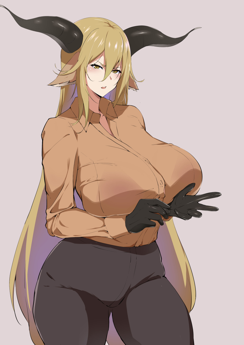 1girl absurdres adjusting_clothes adjusting_gloves animal_ears arknights asymmetrical_sidelocks black_gloves black_pants blonde_hair blush bra_visible_through_clothes breasts collared_shirt contrapposto degenbrecher_(arknights) gloves goat_ears goat_girl goat_horns hair_between_eyes highres horns huge_breasts long_hair looking_at_viewer orange_shirt pants parted_lips shirt shirt_tucked_in simple_background solo very_long_hair xllam yellow_eyes