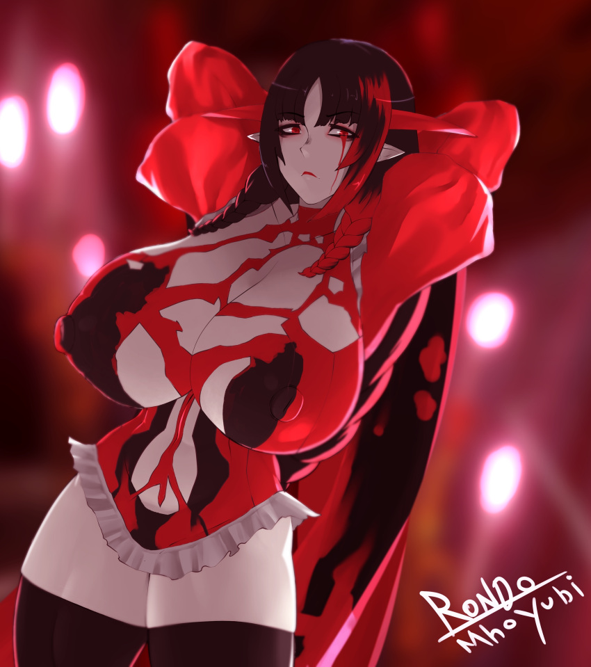 absurd_res big_breasts black_hair blood blood_from_eye blood_on_face bloodless_(bloodstained) bloodstained:_ritual_of_the_night bloody_tears bodily_fluids breasts brown_clothing brown_legwear brown_thigh_highs clothed clothing crying_blood eyelashes female hair hands_behind_head hi_res highlights_(coloring) horn horned_humanoid huge_breasts humanoid humanoid_pointy_ears legwear long_hair looking_at_viewer mhoyubi navel_outline nipple_outline pale_skin red_clothing red_eyes red_highlights red_horn skindentation solo tears thick_thighs thigh_highs vampire wide_hips