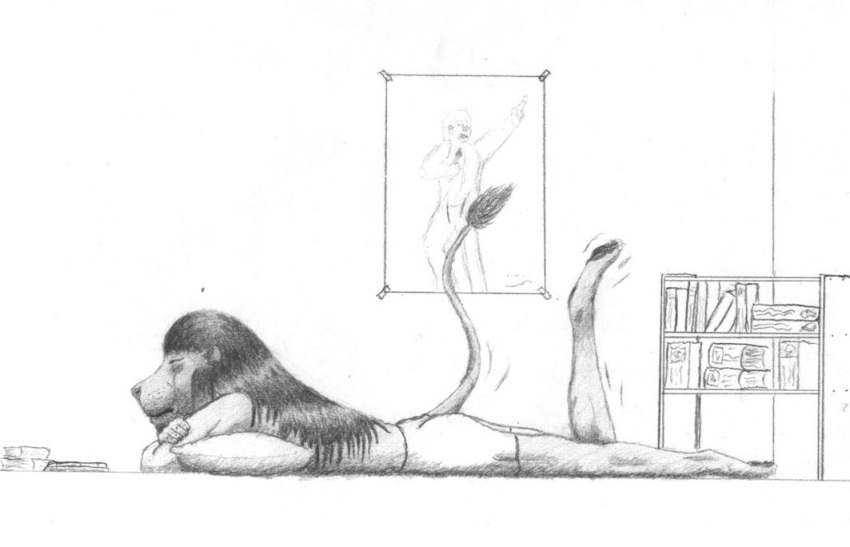 anthro biped book bookshelf bottomwear clothing dark_mane felid furgonomics furniture graphite_(artwork) inside leonidae lion lying male mammal mane motion_lines on_front on_ground pantherine pawpads pencil_(artwork) pillow plantar_flexion poster reading reading_book shorts side_view solo tape teenager traditional_media_(artwork)