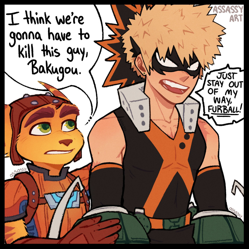 2024 anthro assassyart clothed clothing crossover dialogue duo eyebrows fur gloves green_eyes hair handwear headgear headwear hi_res human i_think_we're_gonna_have_to_kill_this_guy katsuki_bakugou lombax male mammal meme my_hero_academia open_mouth ratchet ratchet_and_clank short_hair sony_corporation sony_interactive_entertainment yellow_body yellow_fur
