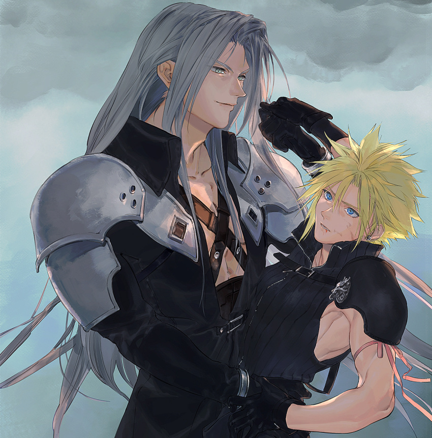 2boys arm_around_waist arm_ribbon armor bangle black_coat black_gloves black_skirt blonde_hair blood blood_from_mouth blue_eyes bracelet chest_strap closed_mouth cloud cloudy_sky coat dirty dirty_face final_fantasy final_fantasy_vii final_fantasy_vii_advent_children gloves grey_eyes grey_hair hair_between_eyes highres holding_hands jewelry long_bangs long_coat long_hair long_sleeves looking_at_another male_focus multiple_boys nikuram_f parted_bangs parted_lips pink_ribbon popped_collar ribbon sephiroth shirt short_hair shoulder_armor single_shoulder_pad skirt sky sleeveless sleeveless_shirt slit_pupils smile spiked_hair upper_body yaoi