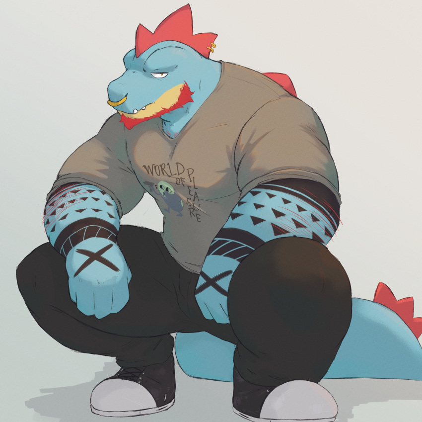 1boy arm_hair arm_tattoo bara beard chest_hair_peek crocodilian_tail facial_hair feraligatr feraligatr_(ironxghost) full_beard full_body furry furry_male highres jephhh large_pectorals looking_at_viewer male_focus mohawk muscular muscular_male nose_piercing nose_ring pants pectorals personification piercing pokemon reptile_boy sanpaku shirt short_hair solo squatting t-shirt tail tattoo thick_thighs thighs tsurime