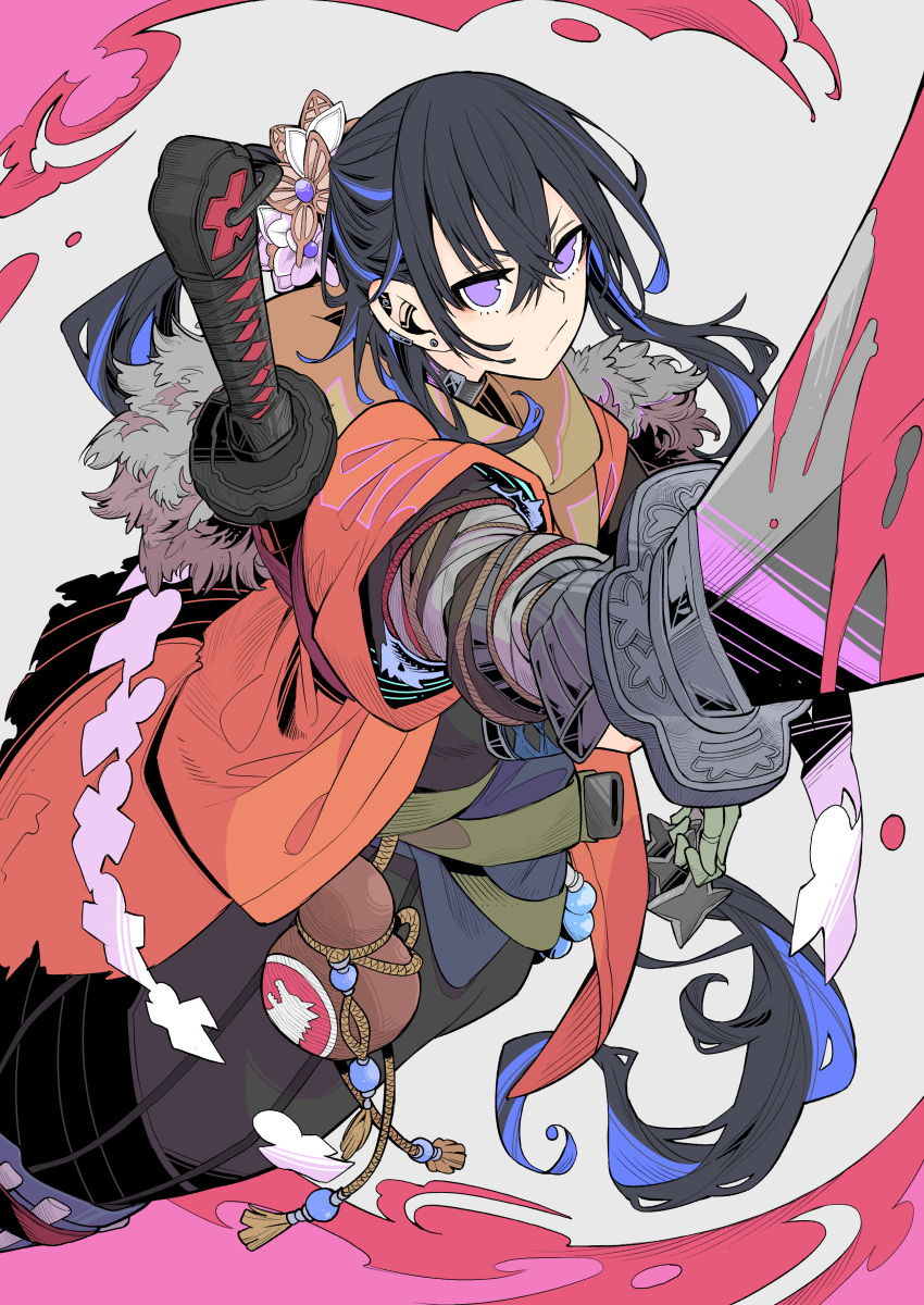 1girl absurdly_long_hair absurdres black_hair blue_hair ear_piercing fur-trimmed_jacket fur_trim haori highres holding holding_sword holding_weapon ichinose_uruha jacket japanese_clothes katana long_hair looking_at_viewer multicolored_hair piercing pointing_sword ponytail purple_eyes scabbard sheath sidelocks solo streaked_hair sword sword_on_back tetsu_booya unsheathed upper_body v-shaped_eyebrows very_long_hair virtual_youtuber vspo! weapon weapon_on_back