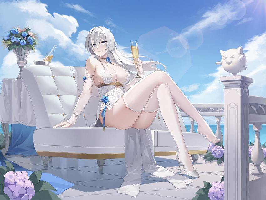 1girl absurdres aether_gazer arm_warmers bare_shoulders blue_eyes blue_flower boost404 bottle breasts cleavage cloud couch crossed_legs cup day dress drinking_glass flower flower_ornament geng_chen_(aether_gazer) hair_between_eyes high_heels highres holding holding_cup large_breasts long_hair ocean on_couch outdoors purple_flower railing sitting sky smile solo statue table thighhighs tile_floor tiles white_dress white_hair wine_bottle