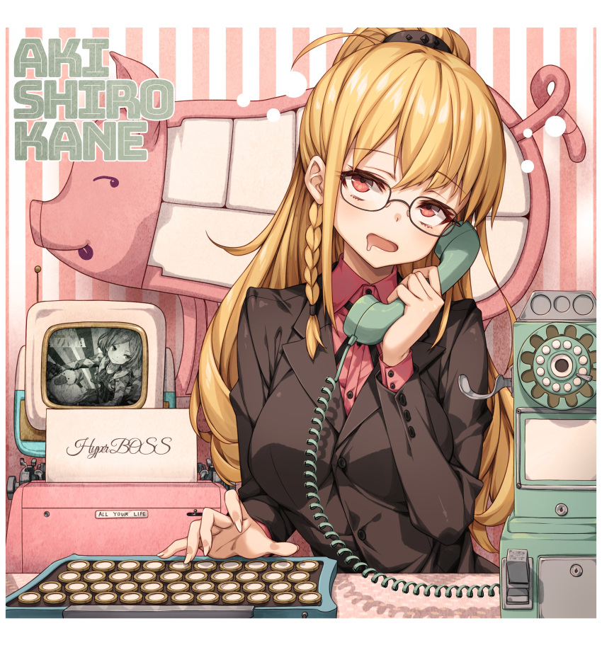 1girl absurdres alternate_costume antique_phone bespectacled black-framed_eyewear blonde_hair braid breasts character_name collared_shirt commentary_request corded_phone denonbu drooling glasses haijima_ginka hand_up highres indoors long_hair long_sleeves looking_up medium_breasts mouth_drool office_lady open_mouth phone pig pink_shirt red_eyes rotary_phone shirokane_aki shirt side_braid solo talking_on_phone tauyuki_saema television typewriter upper_body