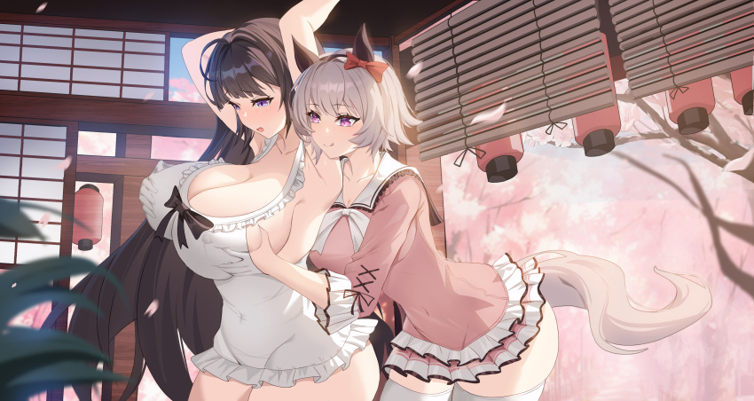 2girls :p absurdres animal_ears arms_up blush breasts cherry_blossoms cleavage closed_mouth collarbone commentary_request curren_chan_(umamusume) female_trainer_(umamusume) from_behind grabbing grabbing_another's_breast grey_hair highres horse_ears horse_tail lantern large_breasts luoyezi multiple_girls petals purple_eyes ribbon tail thighhighs tongue tongue_out tree umamusume yuri