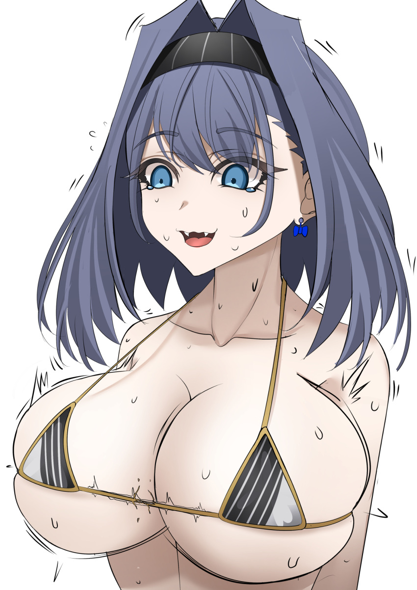 bare_shoulders bikini bloodyblack blue_eyes blue_hair bow bow_earrings breasts earrings fangs gold_trim hair_between_eyes highres hololive hololive_english jewelry large_breasts nervous nervous_smile nervous_sweating ouro_kronii smile striped striped_bikini sweat sweatdrop swimsuit undersized_clothes upper_body