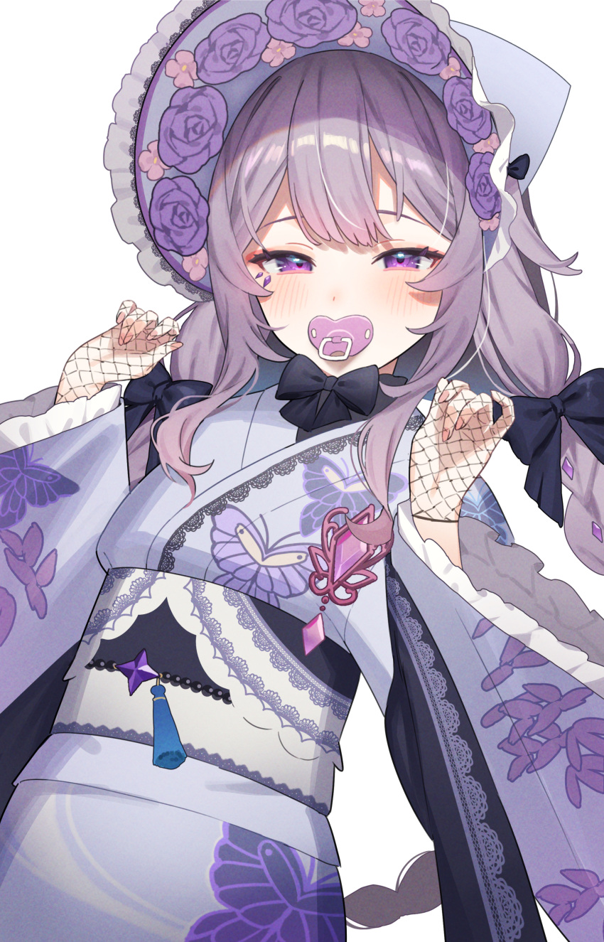 1girl absurdres animal_print aotake_iro bonnet braid butterfly_print circlet dress grey_hair hair_ornament highres hololive hololive_english japanese_clothes jewel_under_eye kimono koseki_bijou koseki_bijou_(new_year) long_hair looking_at_viewer multicolored_hair official_alternate_costume pacifier purple_eyes solo twin_braids very_long_hair virtual_youtuber