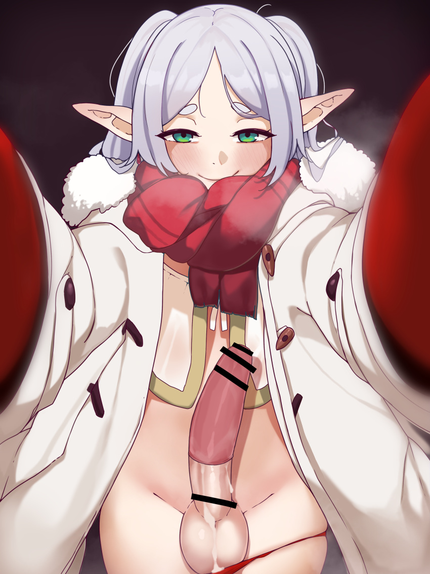 1girl absurdres bar_censor black_background blush breath censored coat commentary condom condom_on_penis cum_on_penis cum_on_testicles drop_earrings earrings elf english_commentary erection frieren fur-trimmed_hood fur_trim futanari gloves green_eyes highres hood jewelry long_hair looking_at_viewer meme open_clothes open_coat panties panty_pull parted_bangs penis penis_ribbon pointy_ears pov pov_cheek_warming_(meme) red_gloves red_scarf ribbon scarf smile solo sousou_no_frieren testicles todding underwear winter_clothes winter_coat winter_gloves