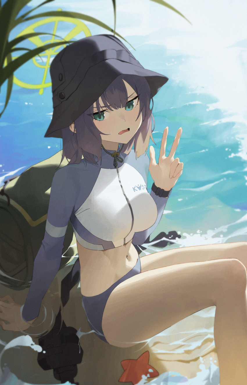 1girl animal beach bikini black_hair black_headwear blue_archive blue_bikini blush fukaumi_suichu green_eyes green_halo hair_between_eyes halo hat highres long_sleeves looking_at_viewer ocean open_mouth raglan_sleeves rash_guard saki_(blue_archive) saki_(swimsuit)_(blue_archive) short_hair solo starfish swimsuit v water