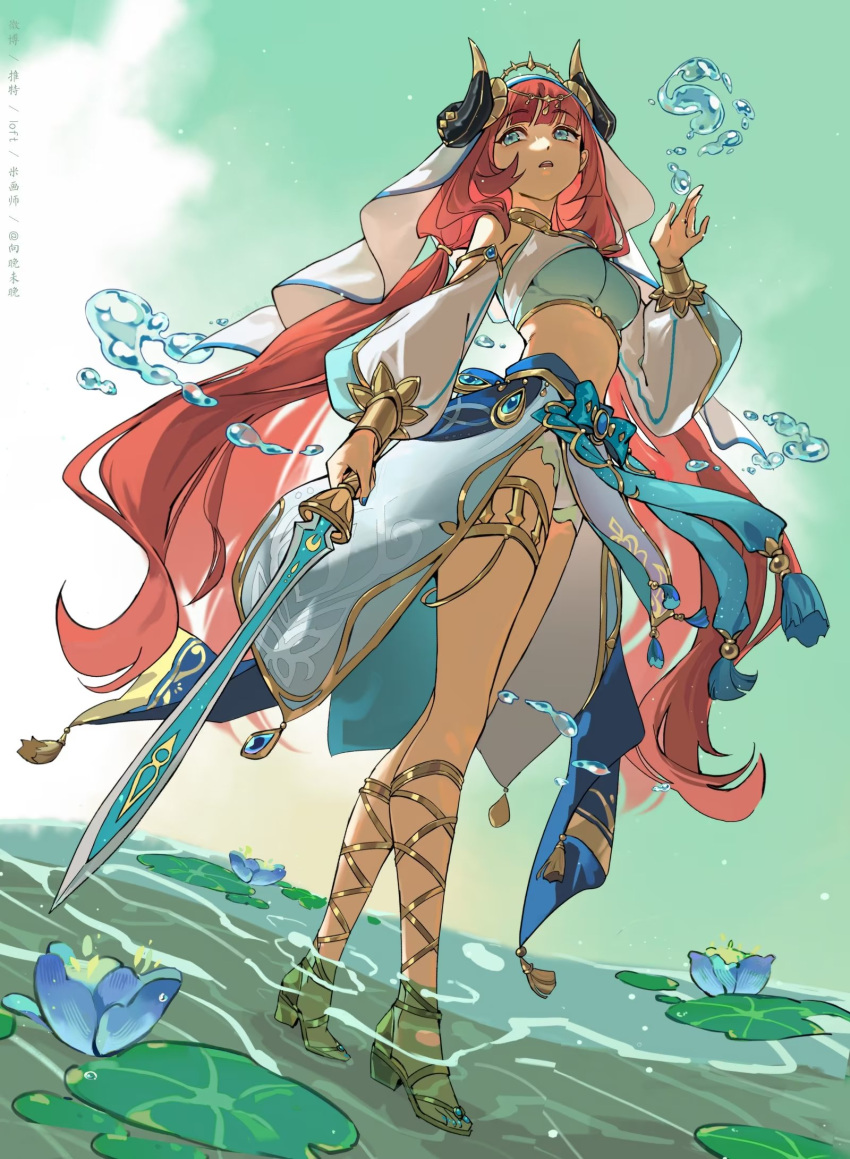 1girl aqua_eyes bare_shoulders blue_skirt breasts detached_sleeves flower full_body genshin_impact gladiator_sandals gold_footwear hand_up harem_outfit highres holding holding_sword holding_weapon horns hydrokinesis jewelry leaf legs long_hair long_sleeves looking_at_viewer medium_breasts midriff nail_polish neck_ring nilou_(genshin_impact) parted_lips puffy_long_sleeves puffy_sleeves red_hair revision sandals shallow_water skirt solo standing sword thighlet toenail_polish toenails toes twintails veil very_long_hair wading water weapon xiang_wan_wei_wan xiphos'_moonlight_(genshin_impact)