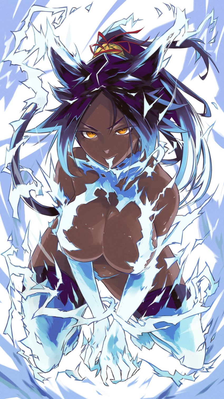 1girl absurdres alternate_form animal_ears bleach bleach:_sennen_kessen-hen breasts cat_ears cat_tail claws dark-skinned_female dark_skin electricity electrokinesis highres king_rooper large_breasts long_hair looking_at_viewer ponytail purple_hair shihouin_yoruichi solo tail thighhighs yellow_eyes