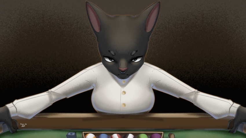 anthro big_breasts billiard_table breasts clothed clothing domestic_cat felid feline felis female first_person_view furniture hi_res mammal question rizal_ok solo table