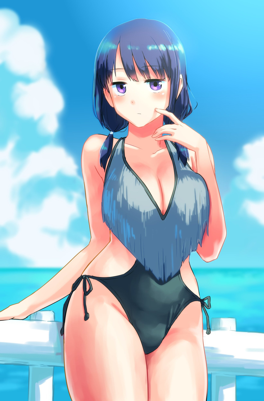 1girl absurdres black_hair blush breasts cleavage closed_mouth collarbone commentary_request gussuripii highres large_breasts looking_at_viewer low_twintails medium_hair ocean purple_eyes railing solo swimsuit tamura_yuri twintails watashi_ga_motenai_no_wa_dou_kangaetemo_omaera_ga_warui!