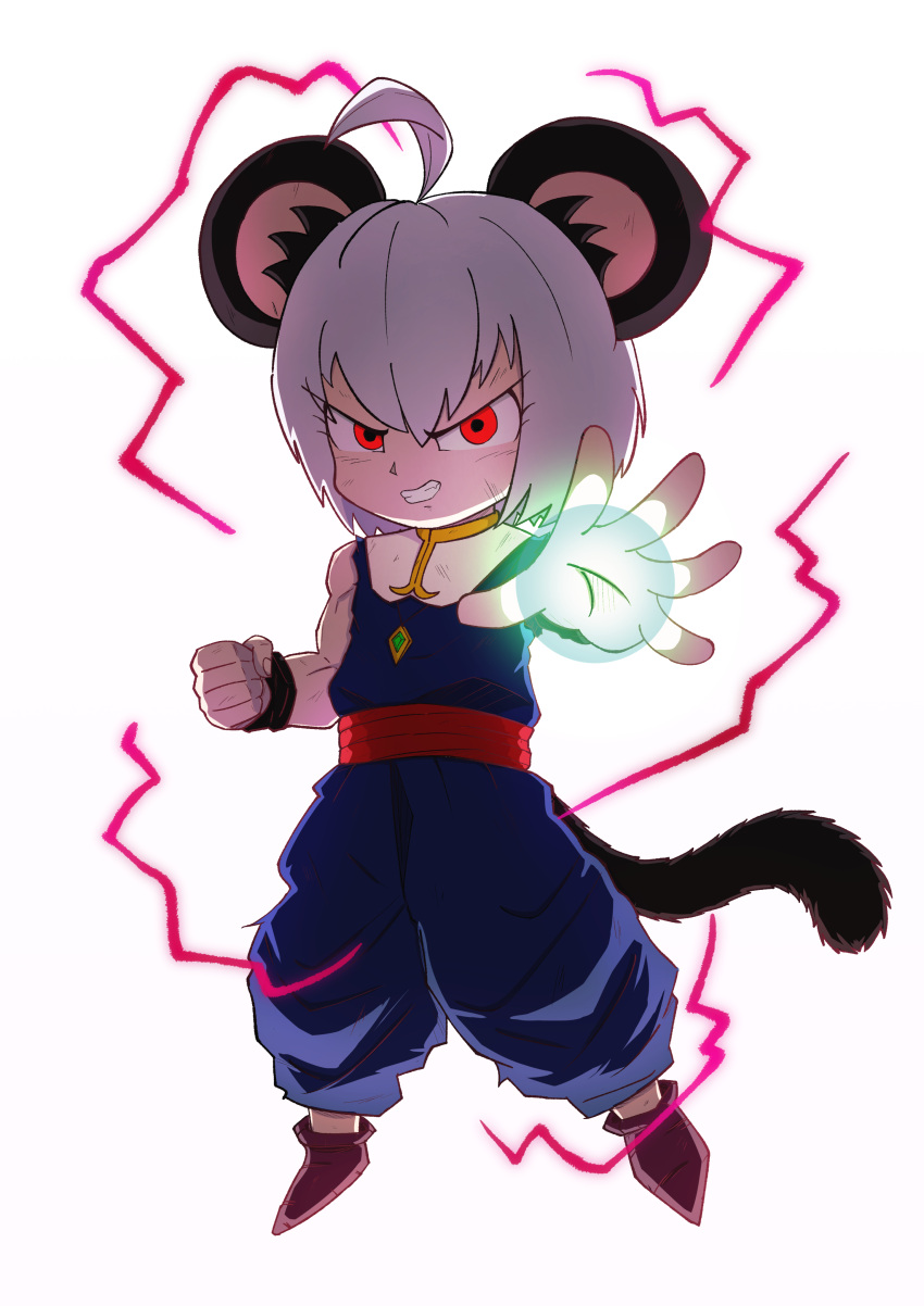 1girl absurdres ahoge angry animal_ear_fluff animal_ears boots brown_footwear clenched_hand clenched_teeth commentary_request cookie_(touhou) cosplay dragon_ball dragon_ball_z energy_ball flat_chest full_body grey_hair highres jewelry looking_at_viewer medium_bangs mouse_ears mouse_girl mouse_tail nazrin nyon_(cookie) parody pendant red_eyes red_lightning red_sash sash scratches short_hair simple_background sleeveless solo son_gohan son_gohan_(cosplay) style_parody tail tatamaru5382 teeth toriyama_akira_(style) touhou v-shaped_eyebrows white_background