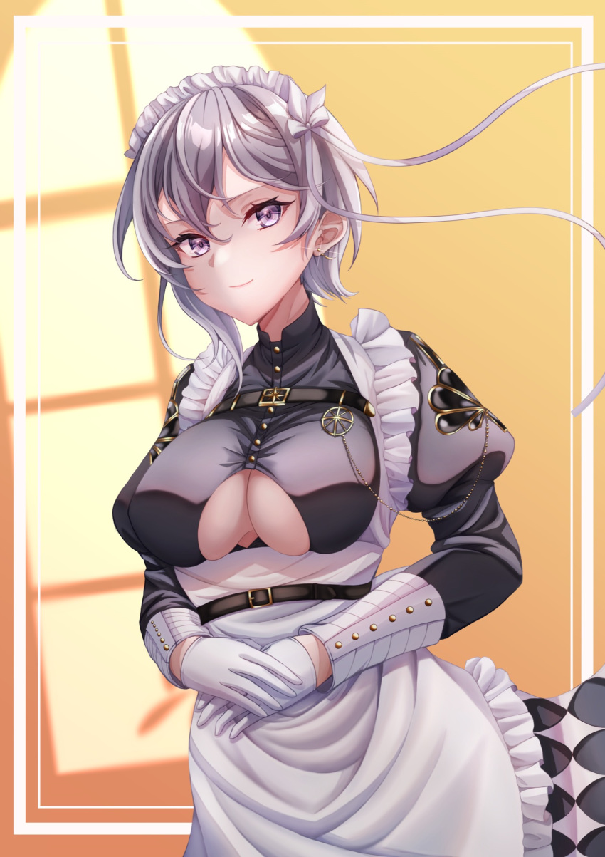 1girl apron azur_lane bellona_(armed_to_clean)_(azur_lane) bellona_(azur_lane) belt black_belt black_shirt breasts buttons chest_strap clothing_cutout earrings frilled_apron frills gloves grey_eyes grey_hair highres irasuto_neko35 jewelry maid maid_headdress puffy_sleeves shirt smile solo underboob underboob_cutout white_apron white_gloves