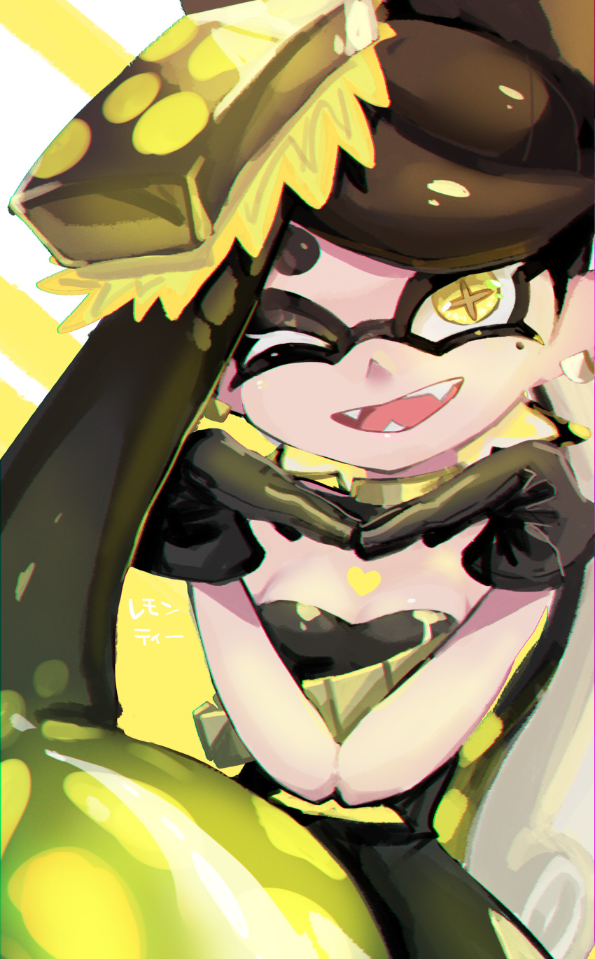 +_+ 1girl absurdres bare_arms bare_shoulders black_dress black_gloves black_hair bow-shaped_hair breasts callie_(splatoon) cleavage collarbone detached_collar dress earrings fangs finger_heart food food_on_head gloves gradient_hair highres hoop_earrings jewelry medium_breasts mole mole_under_eye multicolored_hair object_on_head one_eye_closed pointy_ears samochau short_dress solo splatoon_(series) splatoon_3 squid_girl squidbeak_splatoon sushi swept_bangs tentacle_hair twintails yellow_eyes