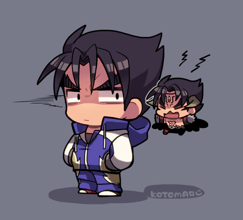 1boy 2boys bags_under_eyes black_hair black_pants blue_jacket blue_pants chest_tattoo chibi crying devil_jin forehead_jewel full_body grey_background grey_horns horns jacket kazama_jin kotorai male_focus mini_person miniboy multiple_boys no_nose pants simple_background solo standing tattoo tekken thick_eyebrows unamused v-shaped_eyebrows wide-eyed