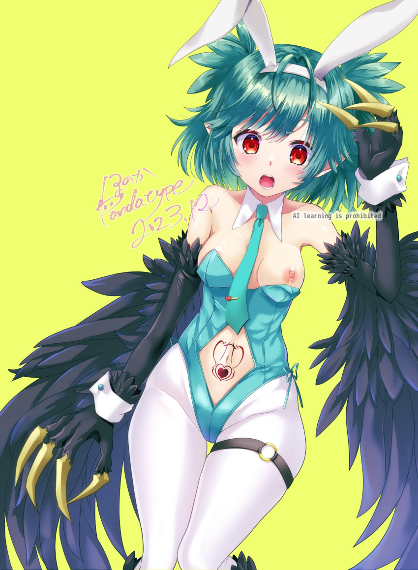1girl animal_ears antenna_hair bare_shoulders bird_legs black_feathers black_wings blue_leotard blush breasts claws clothing_cutout commentary_request commission dated detached_collar fake_animal_ears feathered_wings feathers green_hair harpy heart heart_tattoo highleg highleg_leotard highres honoka_(ranukirai) indie_virtual_youtuber leotard lincoro medium_hair monster_girl navel navel_cutout nipples open_mouth pantyhose playboy_bunny pointy_ears rabbit_ears red_eyes short_twintails side-tie_leotard simple_background skeb_commission small_breasts solo stomach_tattoo tattoo thigh_strap twintails virtual_youtuber wardrobe_malfunction white_pantyhose white_wrist_cuffs winged_arms wings yellow_background