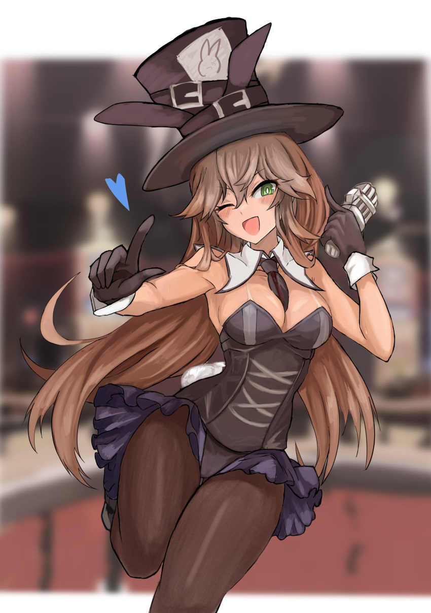 1girl animal_ears black_gloves black_headwear black_pantyhose breasts brown_hair cleavage detached_collar frilled_leotard frills girls'_frontline gloves green_eyes hair_between_eyes hat heart highres holding holding_microphone leotard long_hair microphone necktie one_eye_closed open_mouth pantyhose playboy_bunny r_scrubed rabbit_ears short_necktie smile solo spitfire_(girls'_frontline) top_hat white_wrist_cuffs wrist_cuffs