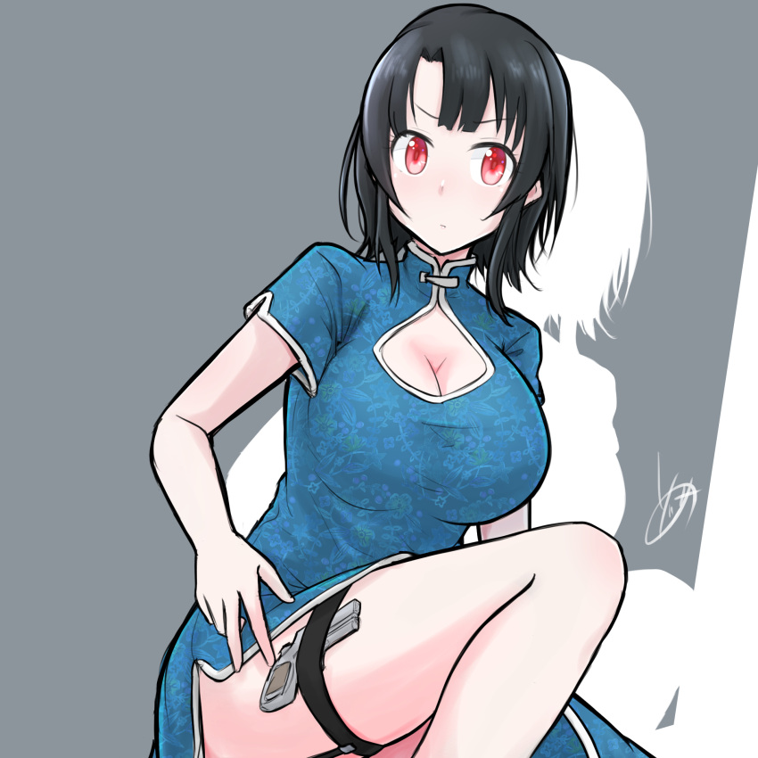 1girl alternate_costume black_hair blue_dress breasts china_dress chinese_clothes cleavage cleavage_cutout clothing_cutout commentary_request dress grey_background gun handgun highres kantai_collection large_breasts looking_at_viewer one-hour_drawing_challenge red_eyes short_hair solo sosser squatting takao_(kancolle) thigh_strap weapon