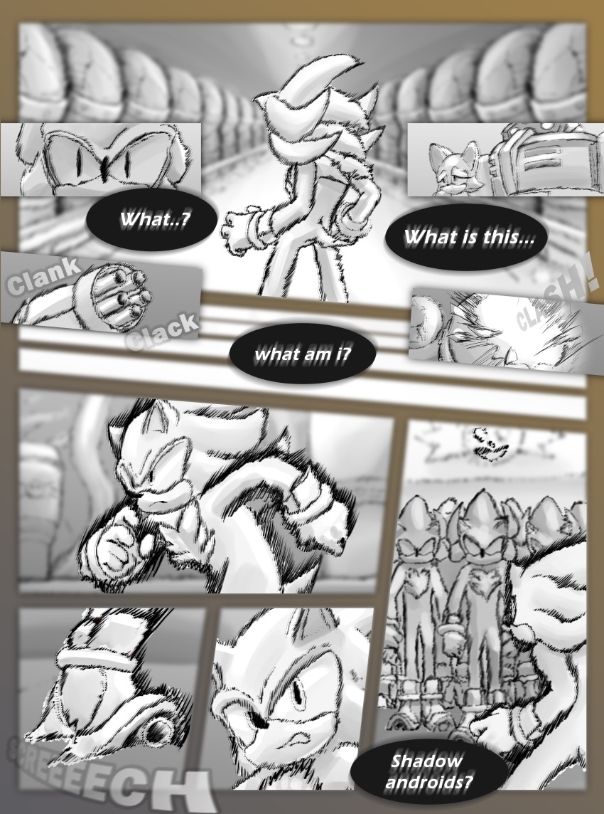 2022 absurd_res anthro breech_loader chiropteran clothing comic detailed_background e-123_omega english_text eulipotyphlan female fur gloves greyscale handwear hedgehog hi_res human machine male mammal monochrome robot rouge_the_bat sega shadow_the_hedgehog sonic_the_hedgehog_(series) speech_bubble text toso video_games