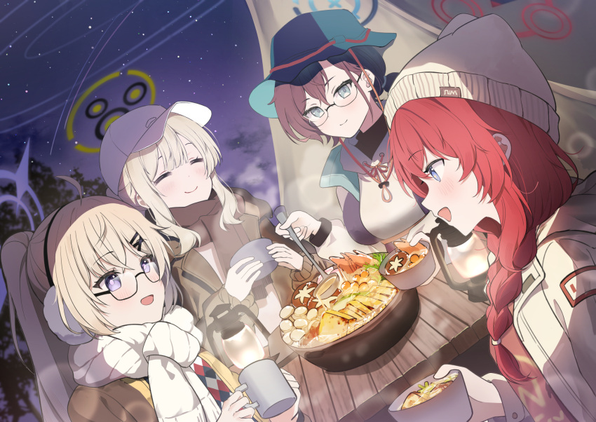 4girls black_hair blonde_hair blue_archive blue_eyes camping chihiro_(blue_archive) chihiro_(camp)_(blue_archive) closed_eyes closed_mouth dutch_angle food green_eyes grey_hair hare_(blue_archive) hare_(camp)_(blue_archive) highres kotama_(blue_archive) kotama_(camp)_(blue_archive) long_hair maki_(blue_archive) maki_(camp)_(blue_archive) multiple_girls night official_alternate_costume official_alternate_hairstyle open_mouth outdoors purple_eyes red_hair shan_(ti0n) short_hair smile tent