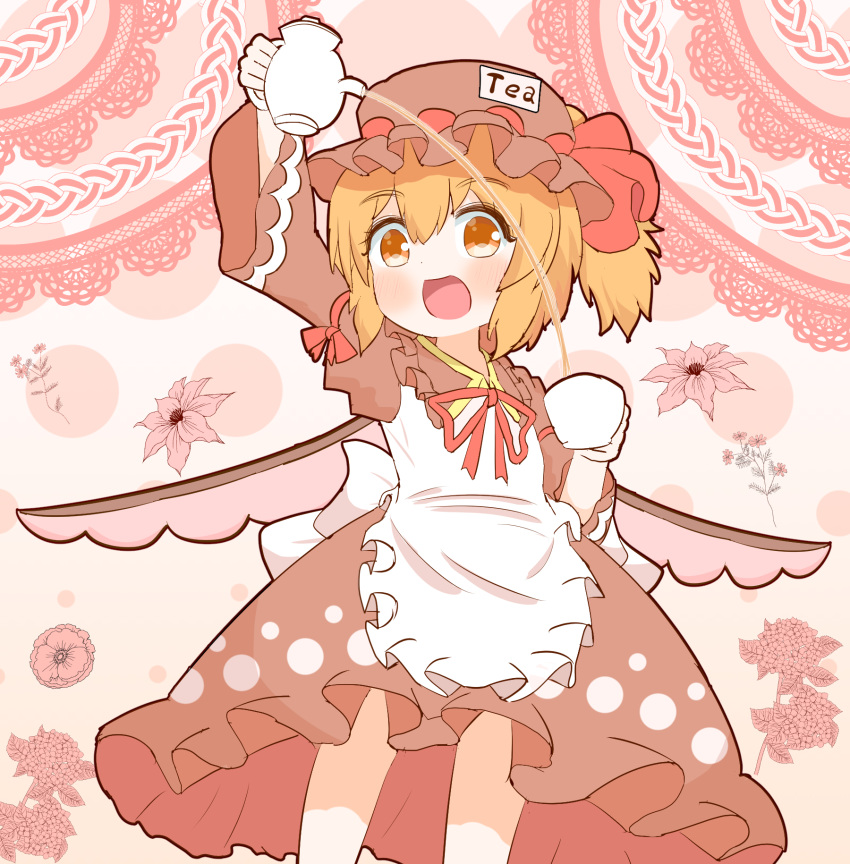 apron blonde_hair bow brown_dress brown_headwear commentary_request coruthi cup dress fairy frilled_shirt_collar frills hat hat_ribbon highres holding holding_cup juliet_sleeves long_sleeves looking_at_viewer mob_cap orange_eyes ponytail puffy_sleeves red_bow ribbon smile tea teapot tina_flavor touhou touhou_igyoukyo white_apron white_ribbon wings