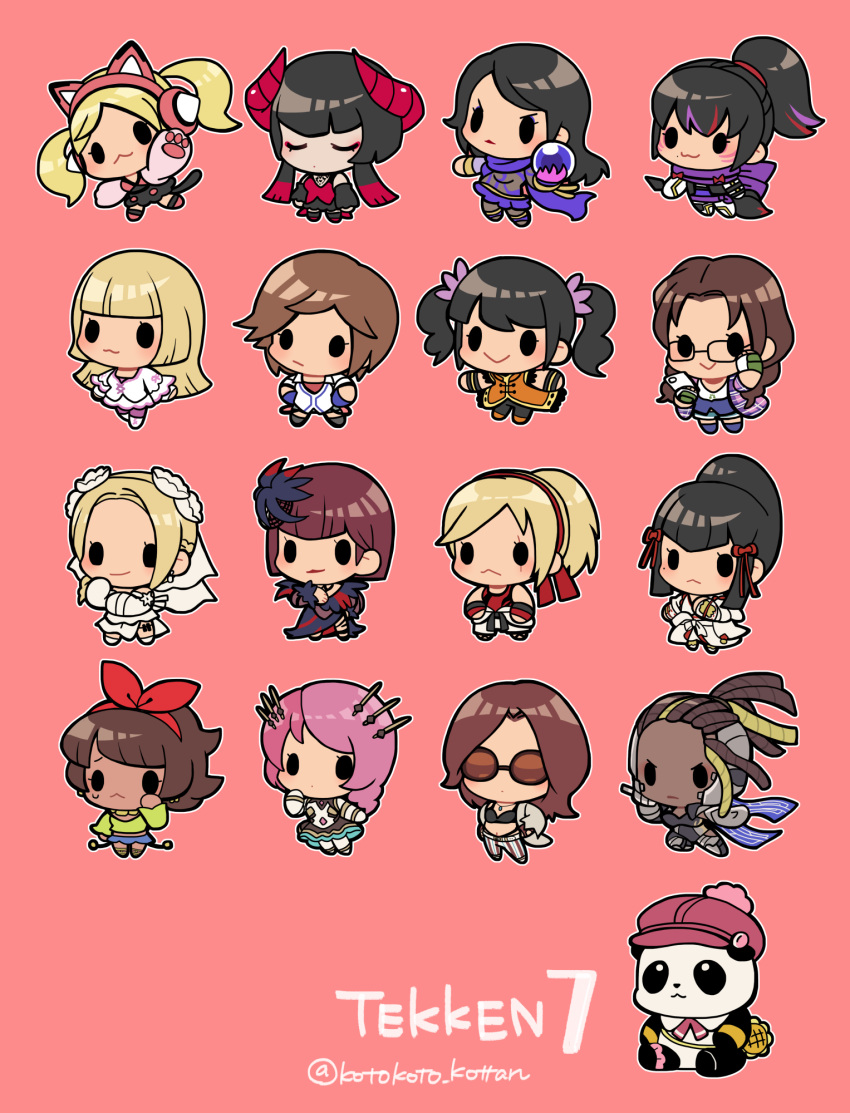 6+girls :&gt; :&lt; alisa_boskonovich animal_ear_headphones animal_ears animal_hands anna_williams black_dress black_eyes black_hair blonde_hair blunt_bangs blush bow_hairband brown_hair cat_tail cellphone chibi chinese_clothes closed_mouth copyright_name crying crystal_ball dark-skinned_female dark_skin dreadlocks dress eliza_(tekken) everyone facial_mark fake_animal_ears full_body glasses hairband hand_to_own_mouth hands_on_own_hips headphones highres holding holding_phone horns jacket japanese_clothes josie_rizal julia_chang katarina_alves kazama_asuka kimono kotorai kunai kunimitsu_ii lidia_sobieska lili_(tekken) ling_xiaoyu lipstick long_hair long_sleeves looking_ahead makeup master_raven mishima_kazumi_(tekken) mole mole_under_eye multicolored_hair multiple_girls nina_williams no_nose panda_(tekken) phone pink_background pink_hair pink_headwear pink_ribbon ponytail purple_scarf red_horns red_ribbon ribbon sad scarf shirt short_hair smartphone smile solid_oval_eyes streaked_hair sunglasses tail tekken tekken_7 twitter_username waving weapon whisker_markings white_dress white_jacket white_kimono yellow_shirt zafina_(tekken)