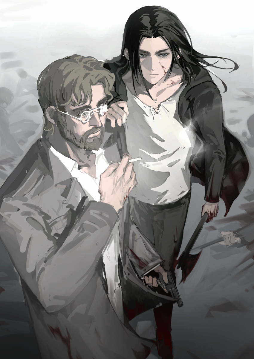 2boys absurdres axe baijichi beard black_hair black_jacket black_pants blonde_hair blood blood_on_clothes blood_on_eyewear blood_on_face blood_on_hands blood_on_weapon brothers cigarette collarbone collared_shirt corpse cross-laced_clothes cross-laced_top eren_yeager facial_hair full_beard glasses green_eyes grey_jacket grey_shirt gun half-siblings hand_on_another's_shoulder handgun highres holding holding_axe holding_cigarette holding_gun holding_weapon hood hood_down hooded_jacket jacket lapels male_focus medium_hair multiple_boys mustache notched_lapels open_clothes open_jacket pants parted_bangs round_eyewear shingeki_no_kyojin shirt short_hair siblings smoke_trail smoking weapon white-framed_eyewear white_shirt zeke_yeager