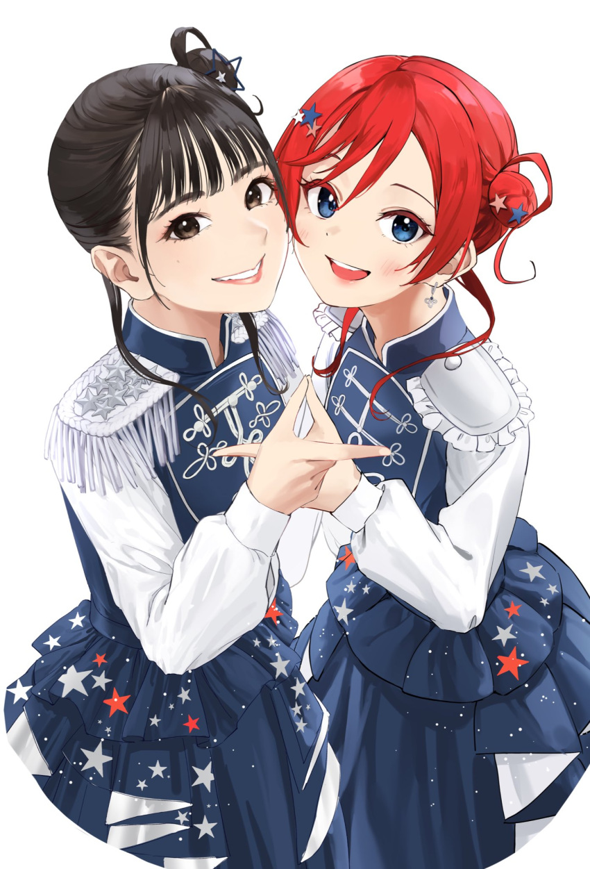 2girls black_hair blue_dress blue_eyes brown_eyes dress epaulettes hair_bun hair_ornament highres long_sleeves looking_at_viewer love_live! love_live!_superstar!! multiple_girls official_alternate_costume parted_lips pointing red_hair shinyoujurin sing!_shine!_smile! single_side_bun smile star_(symbol) star_hair_ornament upper_body voice_actor voice_actor_connection white_background yabushima_akane yoneme_mei