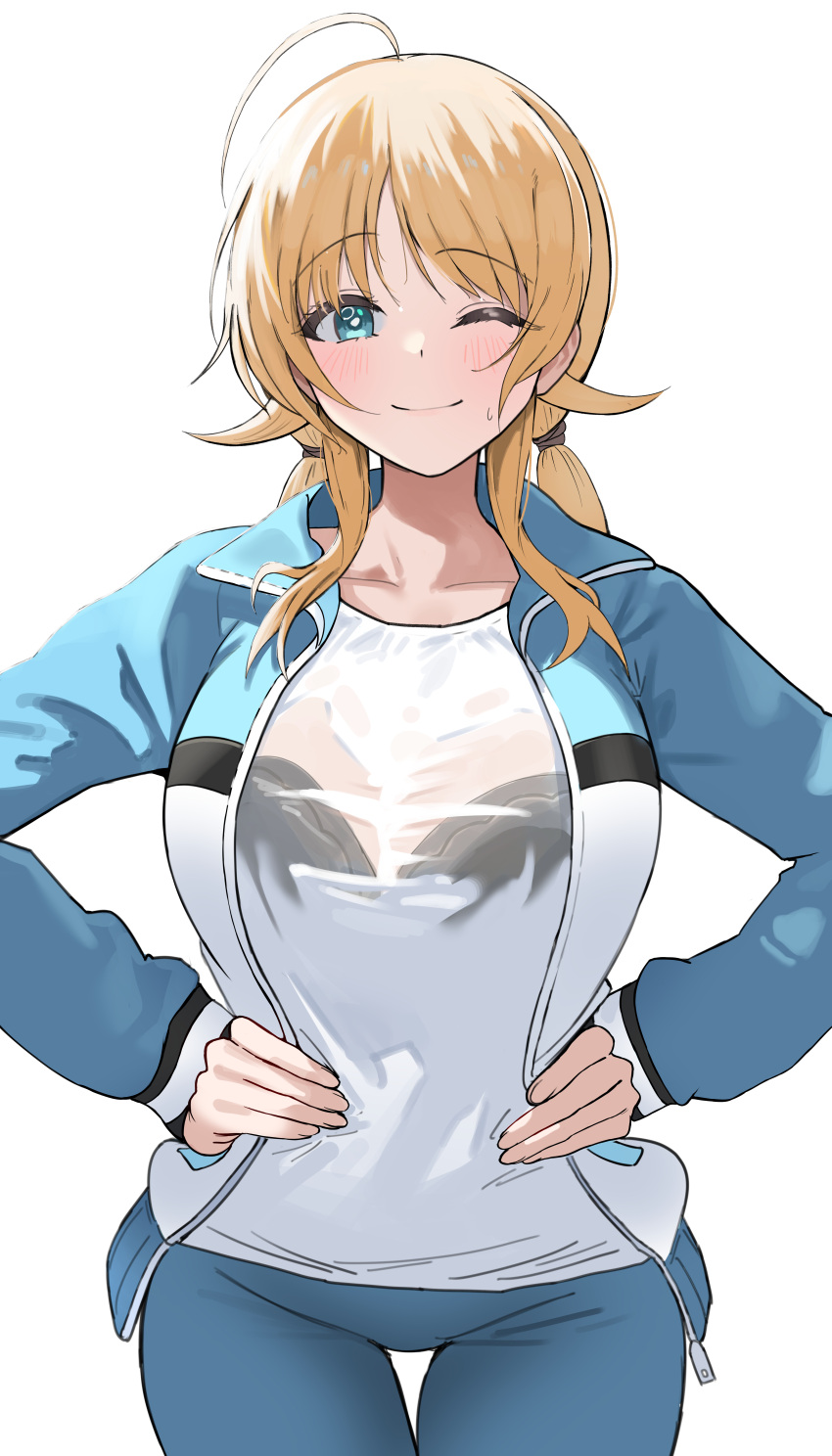 1girl ;) absurdres ahoge black_bra blonde_hair blush bra bra_visible_through_clothes breasts hachimiya_meguru hands_on_own_hips highres idolmaster idolmaster_shiny_colors jacket large_breasts looking_at_viewer one_eye_closed pants pdal_(pdalhhh) shirt simple_background smile solo sweat sweaty_clothes track_jacket track_pants twintails underwear white_background white_shirt