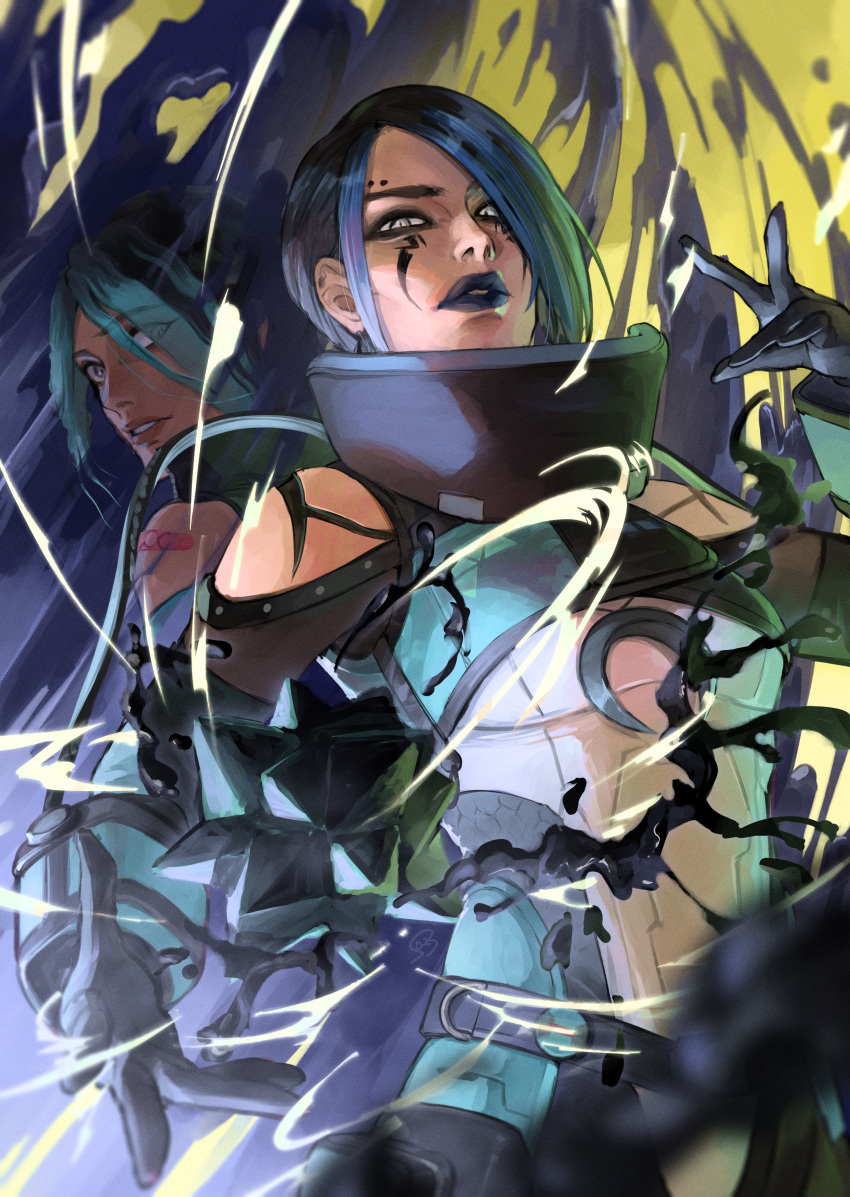 1girl absurdres age_progression apex_legends back-to-back black_eyeshadow black_gloves black_hair blue_eyes blue_hair blue_lips bodysuit bossan_3310 breasts cable catalyst_(apex_legends) clothing_cutout eyeshadow gloves highres looking_at_viewer makeup multicolored_hair open_hands parted_lips short_hair shoulder_cutout small_breasts solo_focus streaked_hair white_bodysuit white_eyes