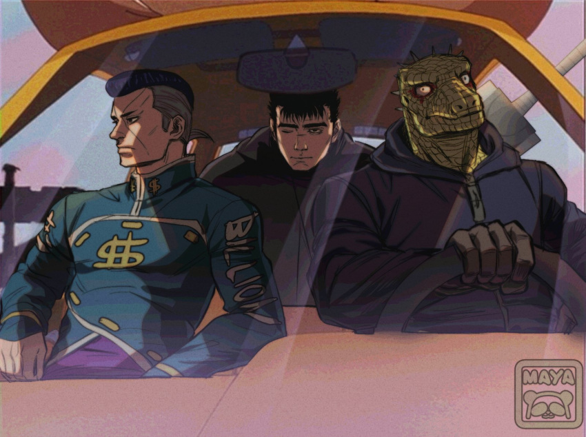 3boys animal_head caiman_(dorohedoro) car_interior crossover diamond_wa_kudakenai dorohedoro draw_your_comfor_characters_(meme) driving green_scales guts_(berserk) highres jojo_no_kimyou_na_bouken male_focus maya_panda meme multiple_boys nijimura_okuyasu pectorals reptile_boy scar smile upper_body