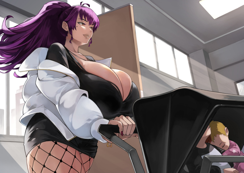 1girl 2others agu_(agrias777) ahoge baby black_dress blonde_hair breasts brown_eyes brown_lips child cleavage curvy dress fishnets from_below gigantic_breasts high_ponytail highres jacket lips long_hair mature_female maya_motoko_(agu) mole mole_under_eye mole_under_mouth mother_and_child multiple_boys multiple_others nail_polish original plump ponytail purple_hair red_nails stroller thick_lips tight_clothes tight_dress translation_request white_jacket