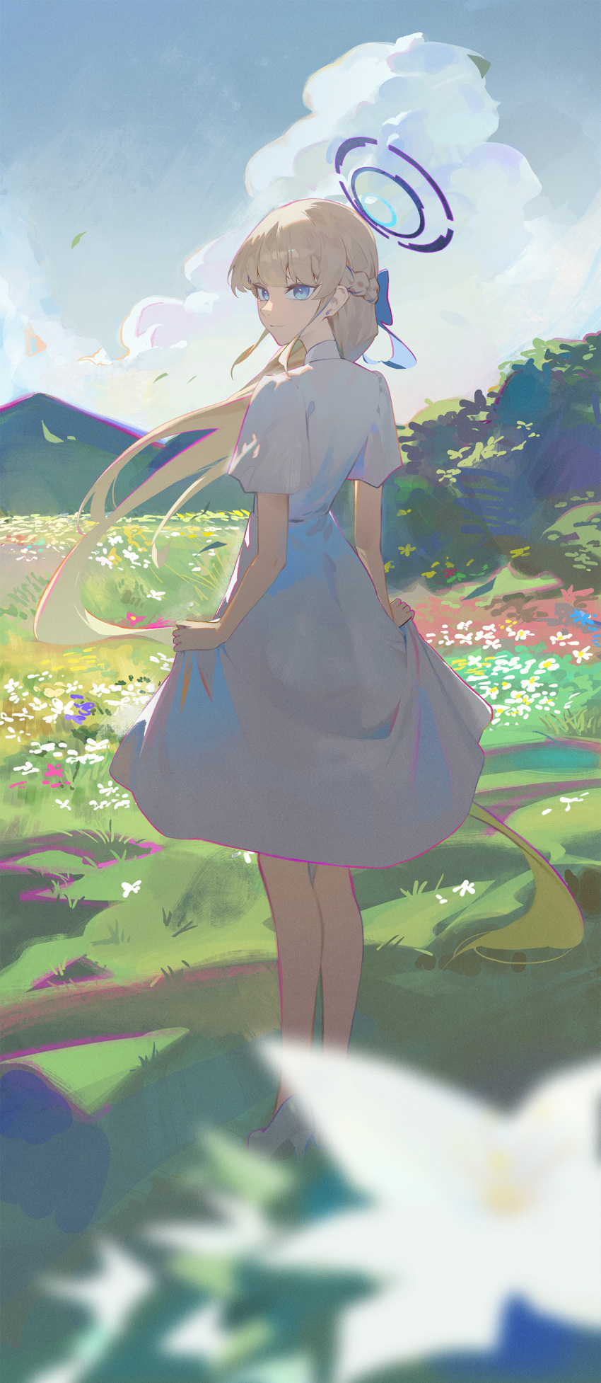 1girl absurdres blonde_hair blue_archive blue_eyes blue_hair blue_halo braid closed_mouth cloud cloudy_sky day dress full_body grass halo high_heels highres kji_(rozo) long_hair mountain multicolored_hair outdoors short_sleeves sky solo standing streaked_hair toki_(blue_archive) white_dress white_footwear