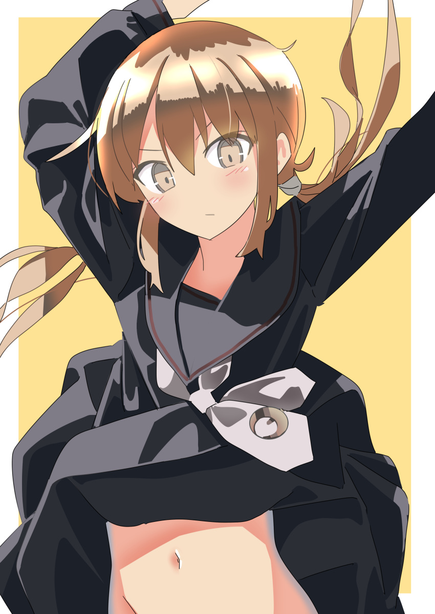 absurdres clothes_lift crescent crescent_pin haida_katsuretsu highres kantai_collection long_hair long_sleeves navel necktie sailor_collar satsuki_(kancolle) school_uniform serafuku twintails yellow_eyes