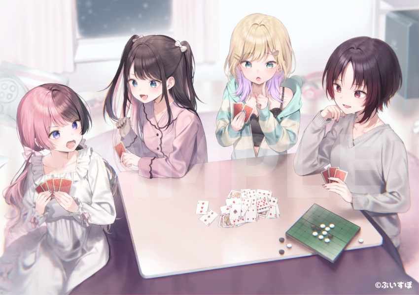 4girls :d :o ace_(playing_card) ace_of_diamonds ace_of_hearts ace_of_spades black_camisole black_hair black_nails blonde_hair blue_nails blurry blurry_background board_game bow breasts camisole card character_request cleavage collared_shirt commentary_request computer computer_tower curtains depth_of_field diamond_(shape) dress dress_shirt fang frilled_dress frills grey_sweater hair_bow headphones heart hood hood_down hooded_jacket index_finger_raised indoors jacket kotatsu kurumi_noah long_hair long_sleeves low_twintails midorikawa_you multicolored_hair multiple_girls nail_polish pajamas pink_bow pink_hair pink_pajamas pink_shirt playing_card puffy_long_sleeves puffy_sleeves purple_hair red_eyes red_hair red_nails reversi sample_watermark shirt sleeves_past_wrists small_breasts smile spade_(shape) striped striped_jacket sweater table tachibana_hinano_(vtuber) twintails two-tone_hair two_side_up very_long_hair virtual_youtuber vspo! watermark white_bow white_dress window