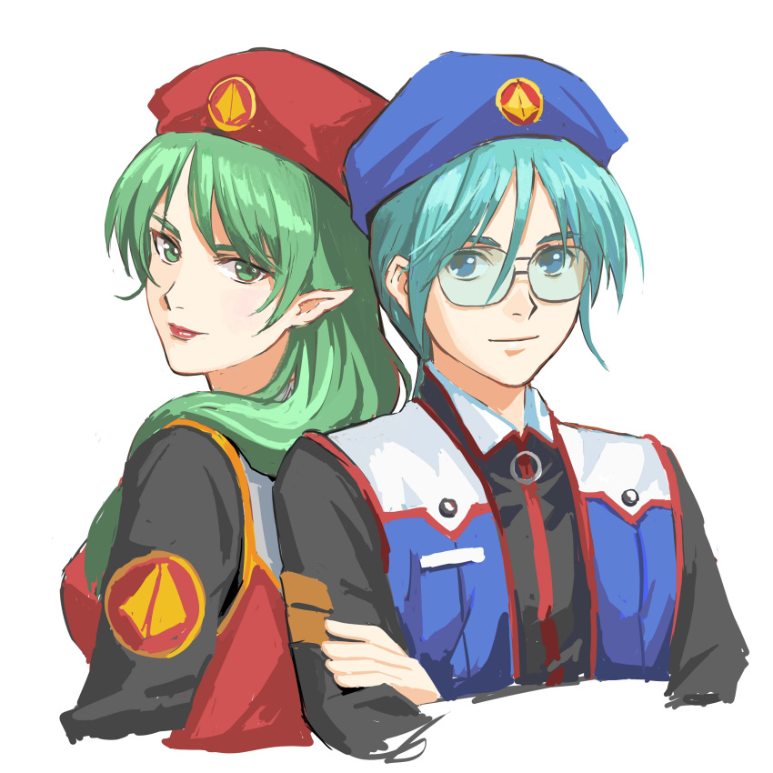 1boy 1girl absurdres alien beret blue_hair couple crossed_arms emblem glasses good_end green_hair hat highres insignia lips long_hair looking_at_viewer looking_to_the_side macross macross_m3 maximilian_jenius miclone military military_uniform millia_jenius nekkikamille pointy_ears portrait roundel sketch u.n._spacy uniform upper_body vest