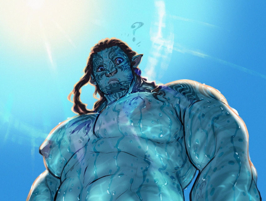 1boy abs arms_at_sides avatar:_the_way_of_water bara big_nose blue_skin colored_skin day facial_mark fish_boy foreshortening from_below huge_pectorals ink_(twistydr0p) james_cameron's_avatar looking_at_viewer male_focus muscular muscular_male nipples nude pectoral_focus pectorals pointy_ears solo strongman_waist sunlight tareme thick_eyebrows tonowari_(avatar) uneven_eyes upper_body wet